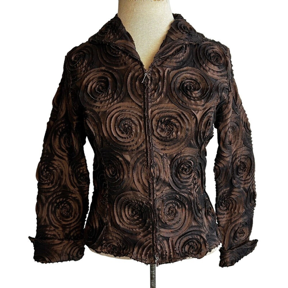 Samuel Dong Women's Brown Swirls Textured Zip Blazer Jacket Size Small